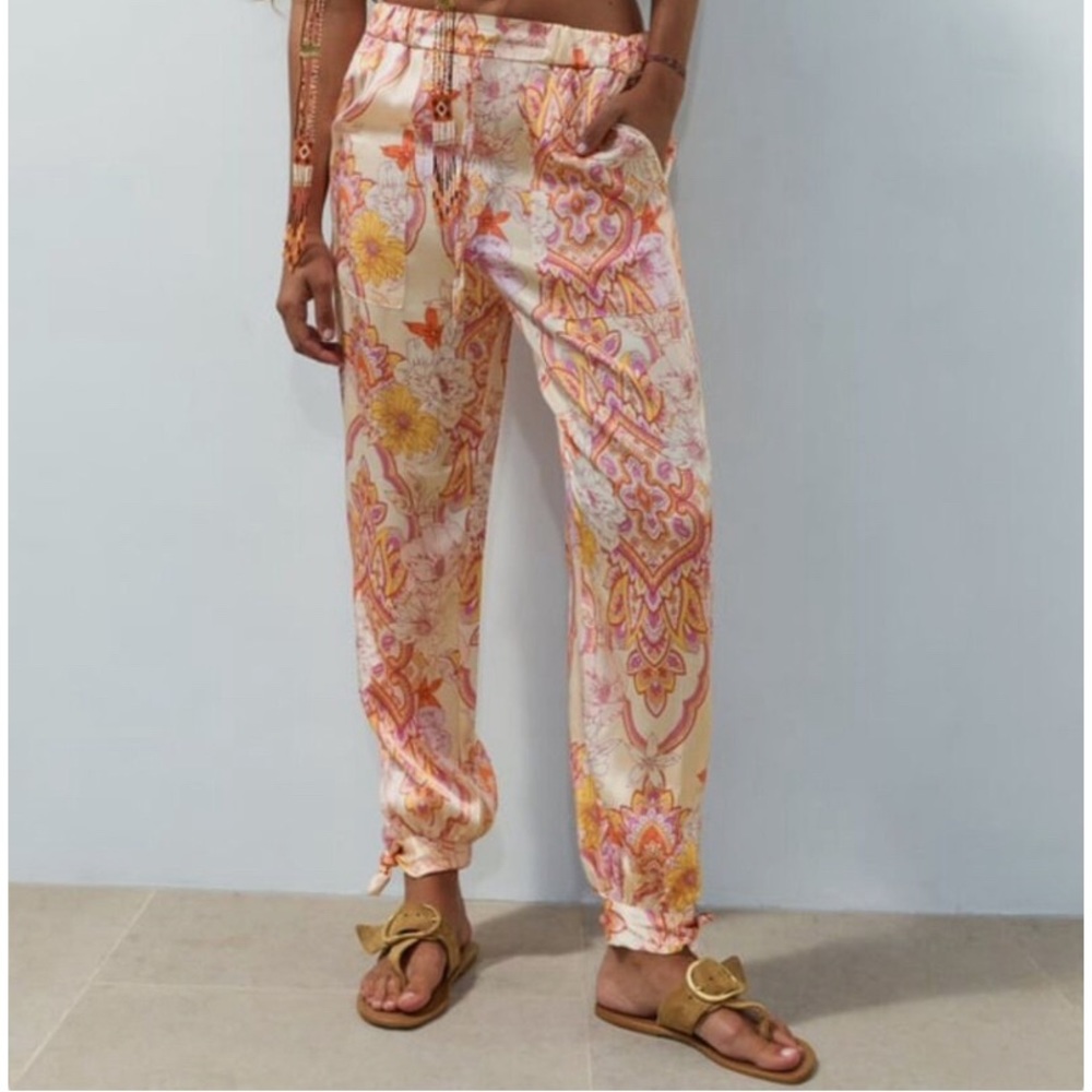 Zara Multi Color Floral Print Satin Effect High Waisted Tie Ankle Pants